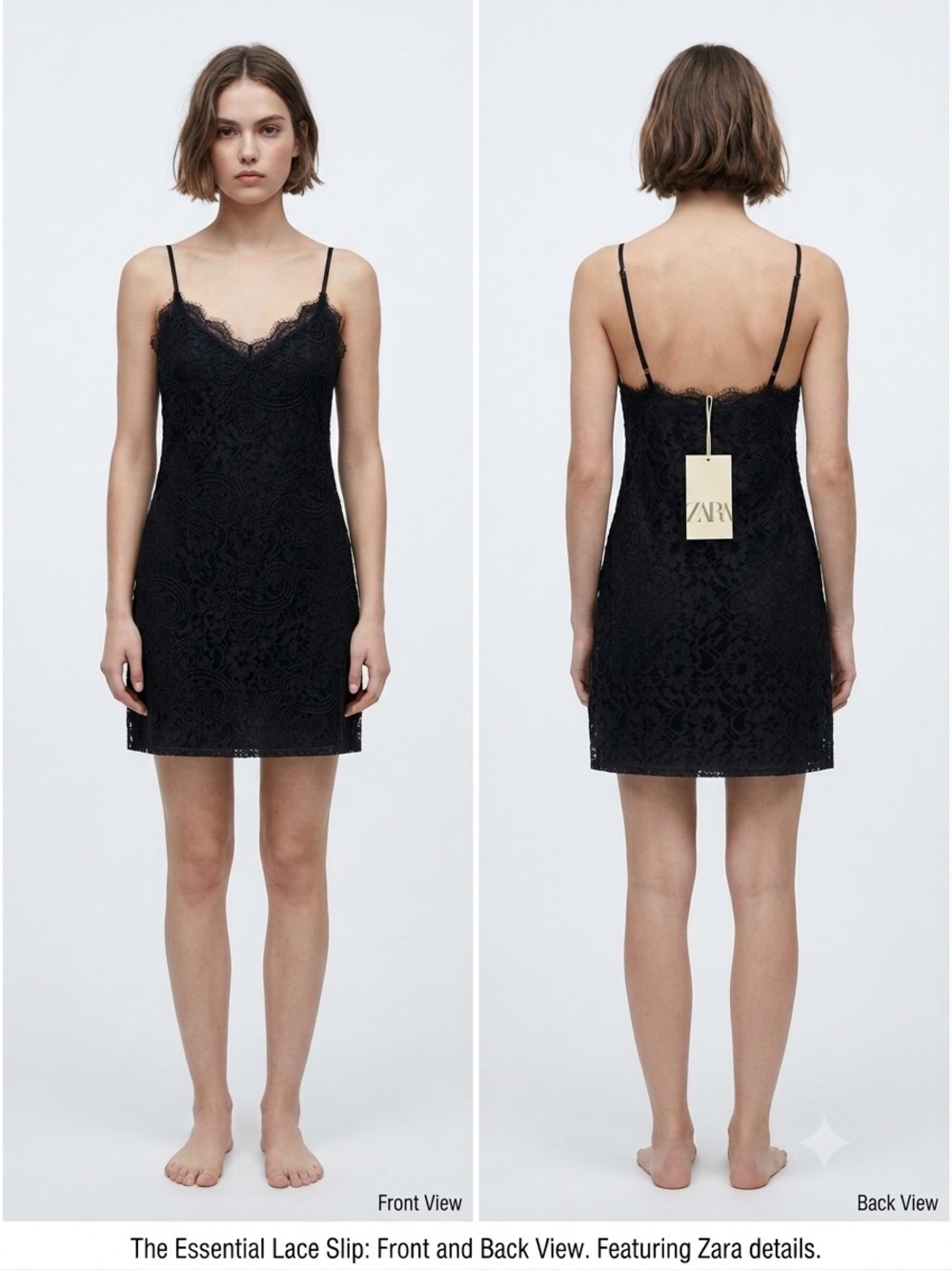 Zara Black Lace Slip Dress with Scalloped V-Neck
